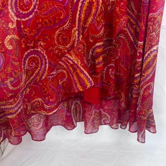 London Times Sleeveless Maxi Dress Bold Red Paisley Print Ruffled Boho Size 10 - Picture 12 of 15